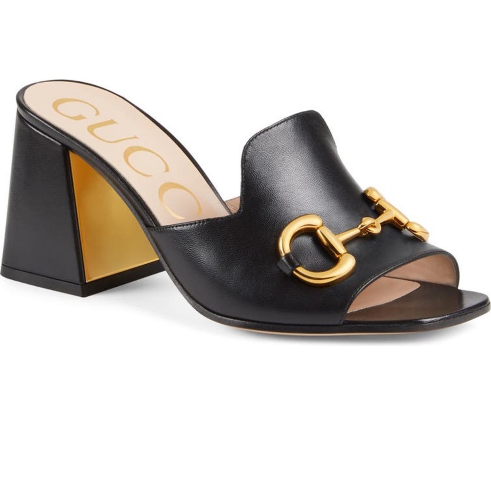 Gucci Charlotte 38 (7.5) Black Nappa Sandal Slide Baby Horsebit Retail$920